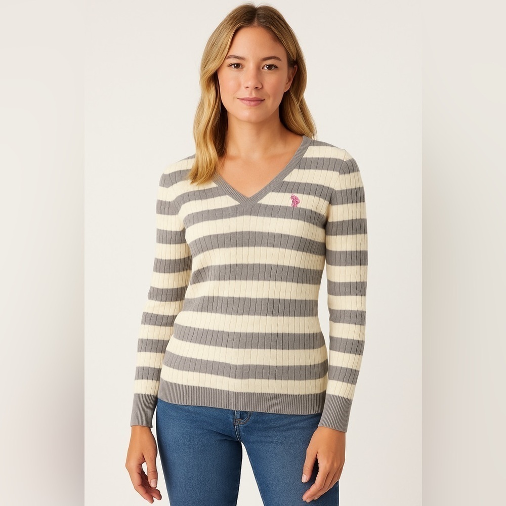U.S. Polo Assn. Gray Cream Striped V-Neck Sweater Preppy Casual Size L